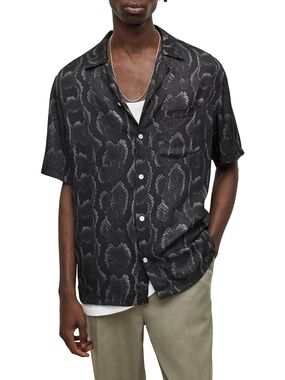 Allsaints Shredded Python Print Relaxed Fit Button Down Camp Shirt - Black - S